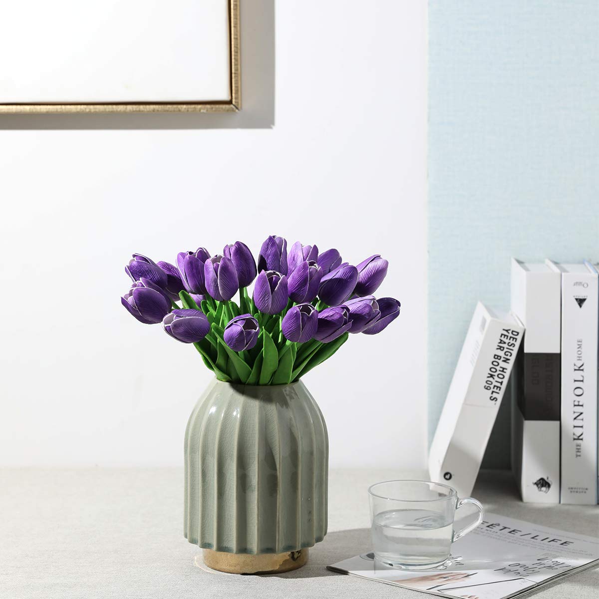 Nubry 30pcs Artificial Tulip Flowers Fake Real Touch Tulips Flower Bouquet for Wedding Arrangements Centerpieces Home Decoration (Purple)