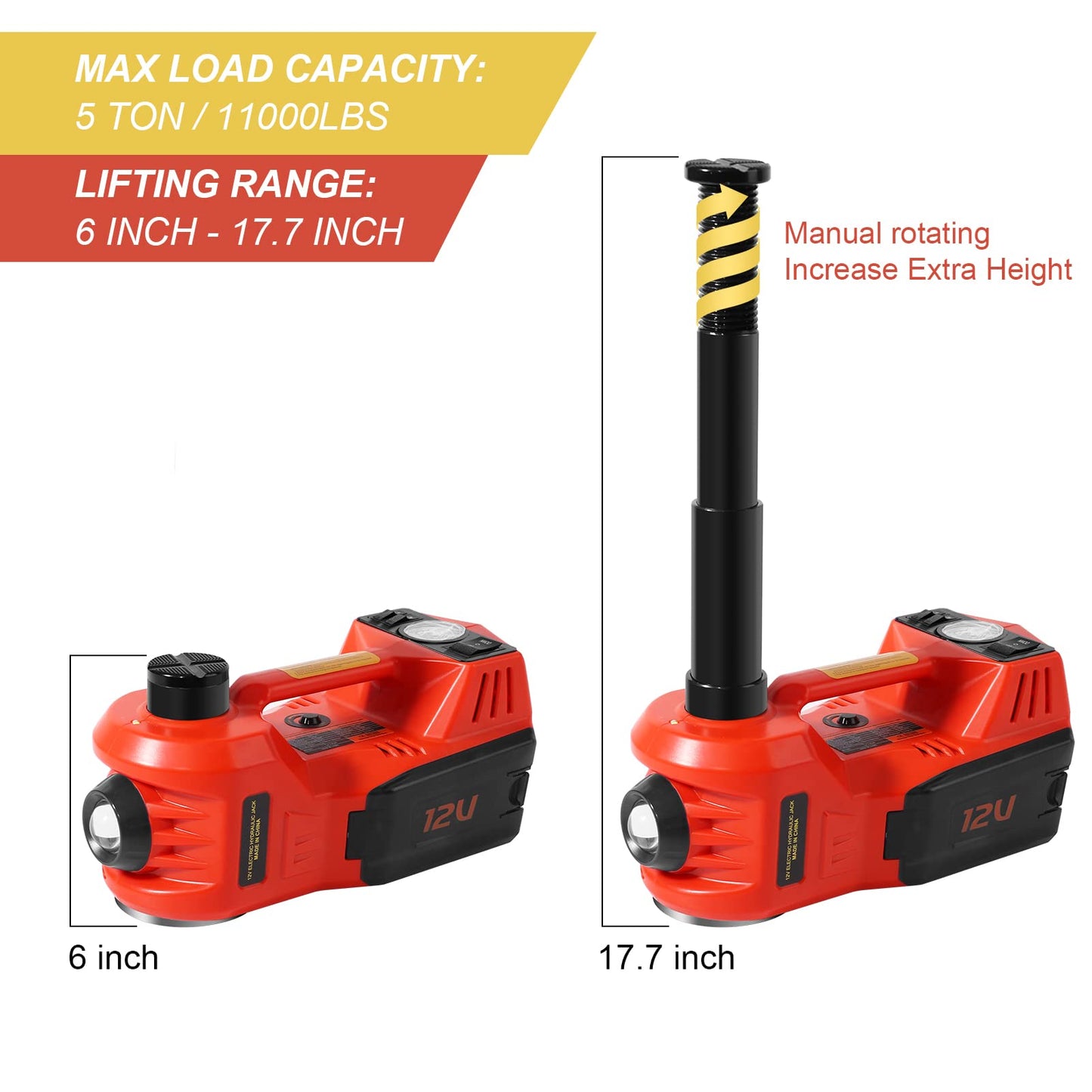 TYAYT 5 Ton Electric Hydraulic Car Jack Kit, Portable with LED Light, Compatible with Car, SUV, Truck, Lifting Range 6-17.7 Inches (Red)