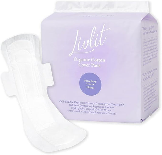 Super Long Overnight Pads - 100% Organic Cotton from Texas, Heavy Absorbency, Powerful Leak Protection, Unscented, Extra Long Length (10 Count)