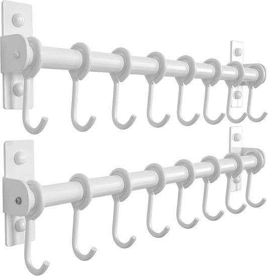 Dseap Kitchen Hooks for Hanging Utensils, Hanging Pot Rack, Kitchen Utensil Hanger Rail with 8 Hooks for Pots Pans, Spoons, Mugs, Wall Mounted, Stainless Steel, White, Pack of 2