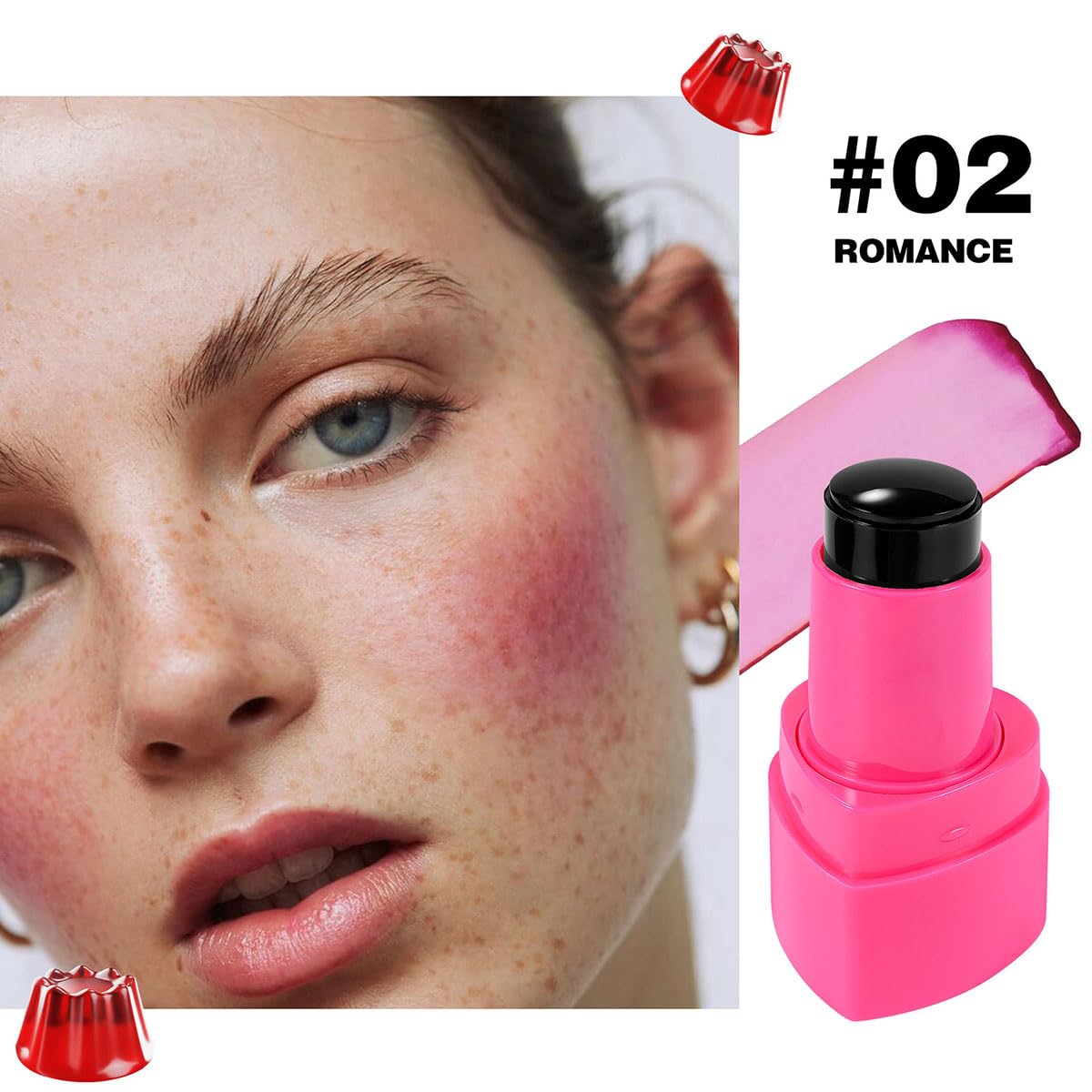 Cooling Water Jelly Tint Stick，Multi-Use Juicy Love Blush, 3-In-1cheek Blush & Eyeshadow & Lip Tinted Long-Lasting Moisture Stick，Bouncy Jelly Texture，Creates A Moist Watercolor Effect (#02, 0.32oz)
