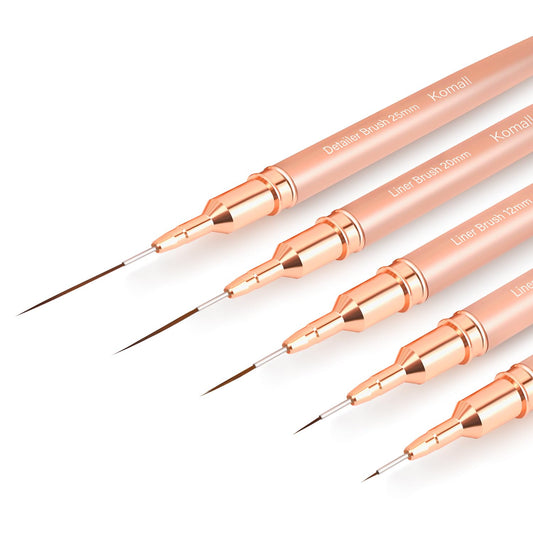 Metallic Nail Art Brushes, 5Pcs Liner Brush Set, UV Gel Polish Painting Art Design Pen for Long Lines, Thin Details, Fine Drawing Sizes 4/8/12/20/25mm(Champagne Gold)