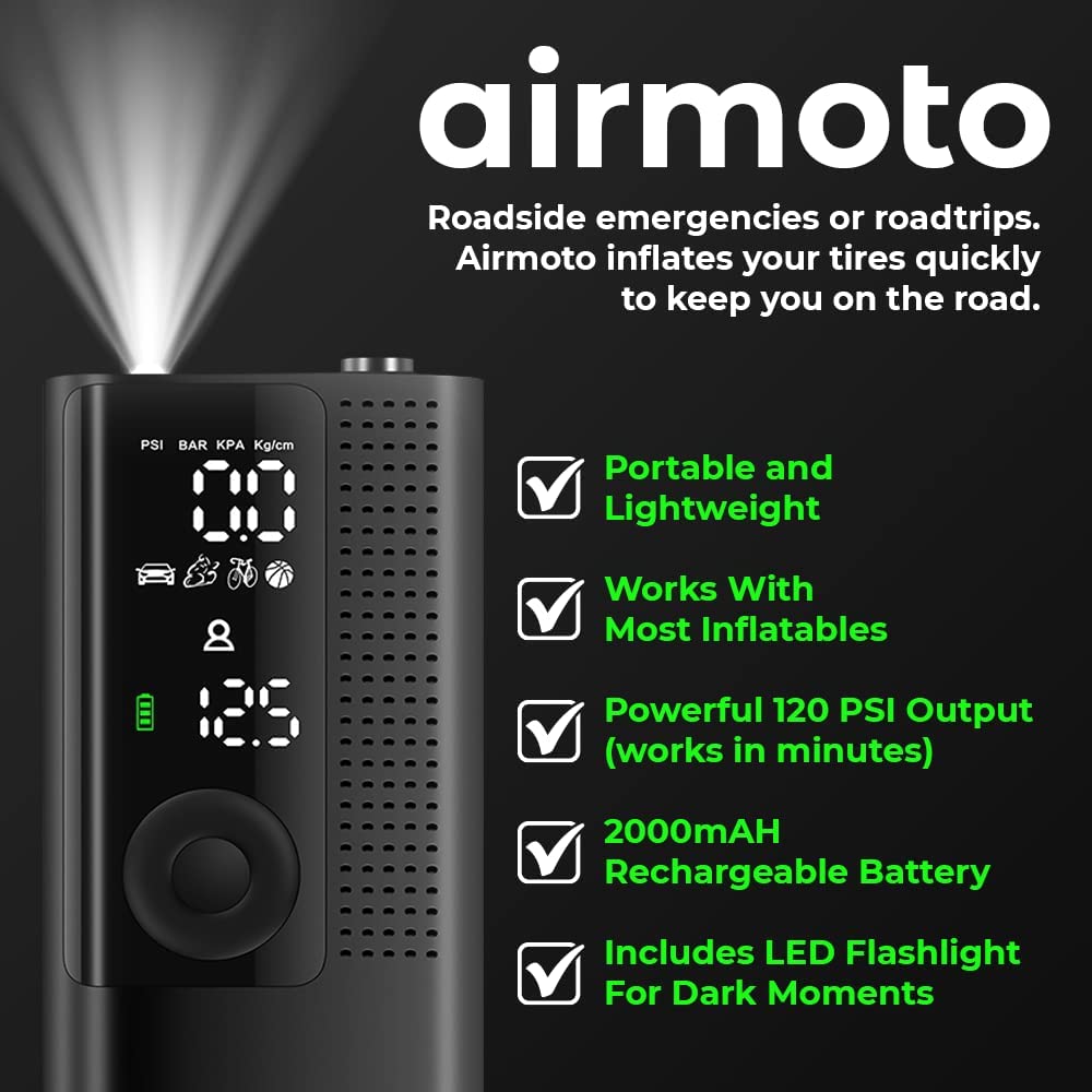 Airmoto and Carrying Case Bundle Deal - Tire Inflator Portable Air Compressor with Hard Case - Air Pump for Car Tires, Motorcycle, Bicycle - Cordless Tire Pump with Tire Pressure Gauge