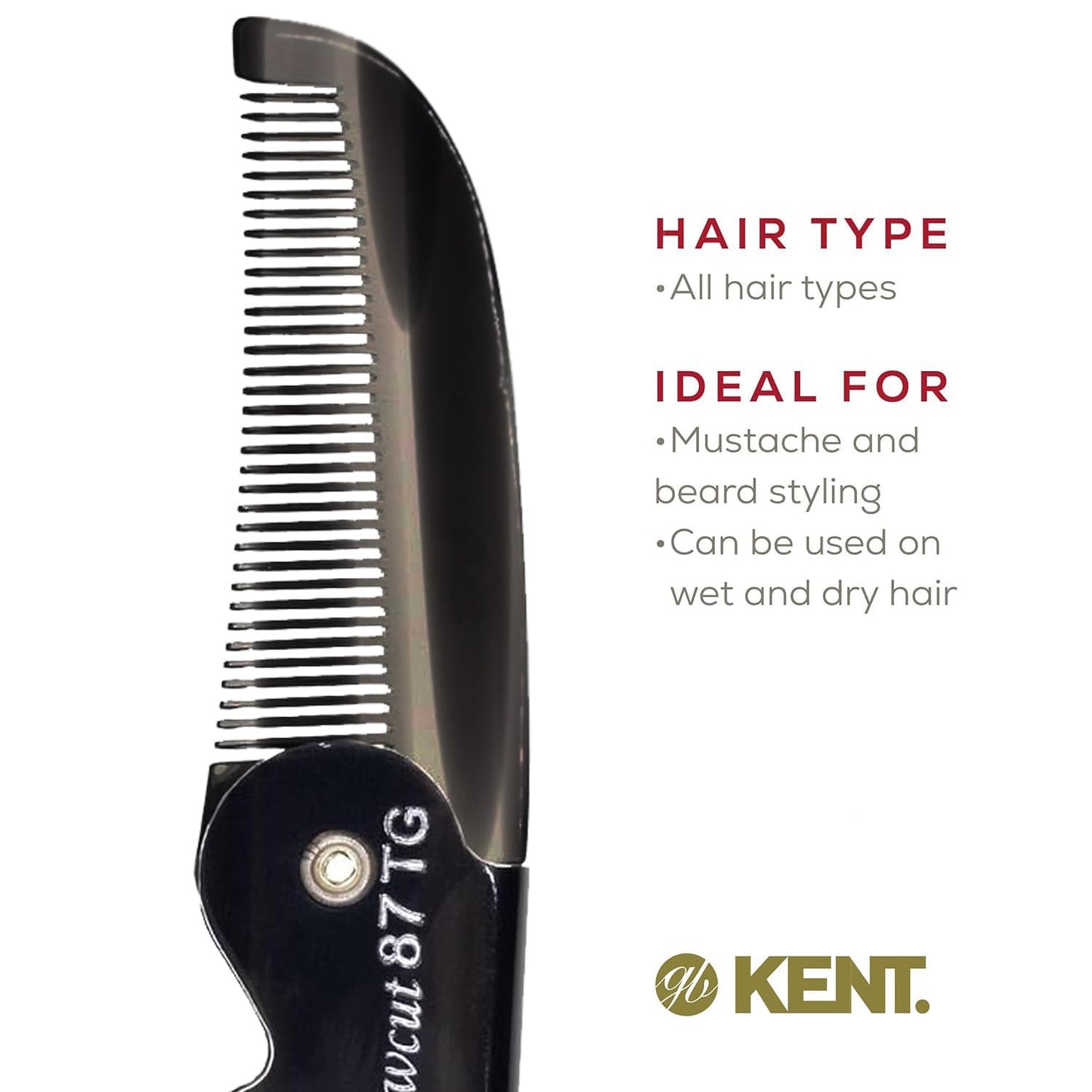 Kent 87T Black Graphite Handmade Folding Pocket Comb for Men, Fine Tooth Hair Comb Straightener for Everyday Grooming Styling Hair, Beard or Mustache, Saw Cut Hand Polished, Made in England (3 Pack)