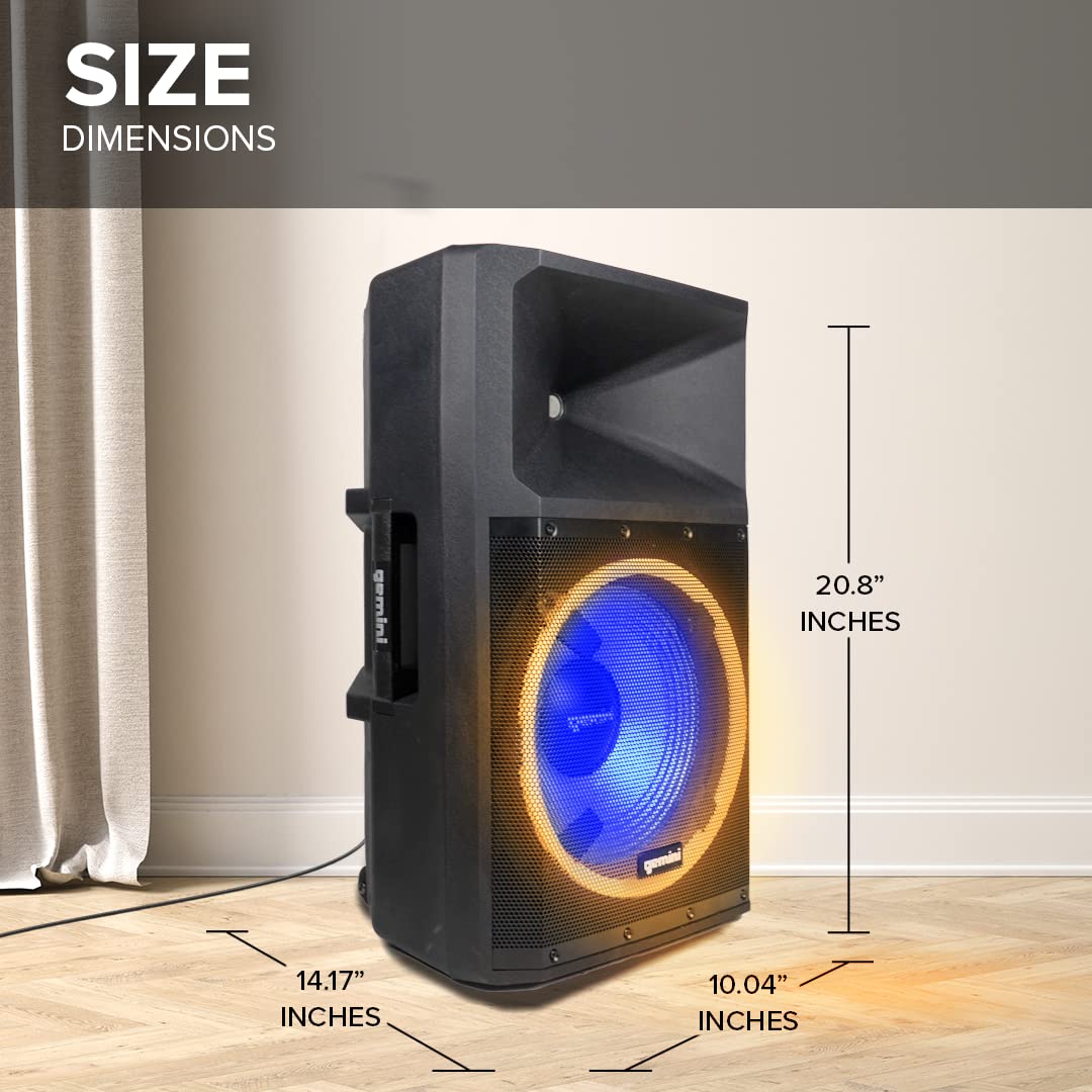 Gemini 15” 2200W Bluetooth PA Speaker System – DJ Loudspeaker with Stand, Wired Mic, LED Lights, TWS Stereo Pairing, 3-Channel Mixer, EQ Control – AC Powered (GSP-L2200PK)