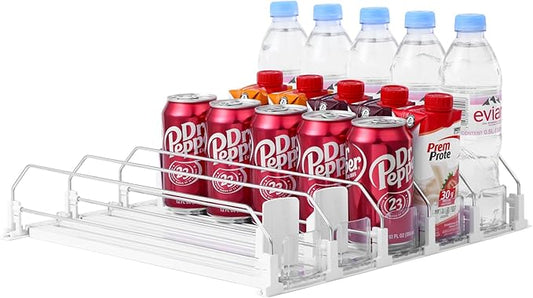 Drink Organizer for Fridge-White Automatic Pusher Glide,12oz 16oz 20oz-Soda Dispenser for Fridge-Holds up to 25 Cans
