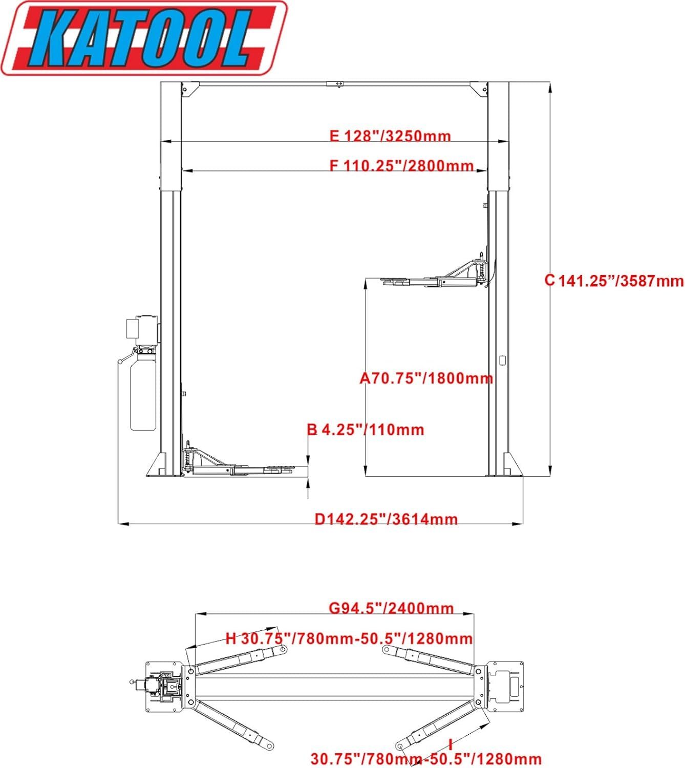 KATOOL 11000lbs Lifting Capacity 2 Post Lift Automotive Car Lift Professional Clearfloor Car Lift for Home Garage and Shop M110-N