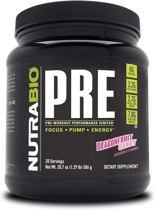 NutraBio PRE Workout Powder - Old Formula- Sustained Energy, Mental Focus, Endurance - Beta Alanine, Creatine, Caffeine, Electrolytes - 20 Servings - Dragonfruit Candy