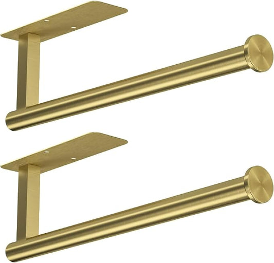 ASTOFLI Paper Towel Holder Under Cabinet No Drilling, Self Adhesive Paper Towel Holder Wall Mount for Kitchen Rack, Under Counter Napin Holder No Drill, RV, 304 Stainless Steel, Gold Brass 2 Pack