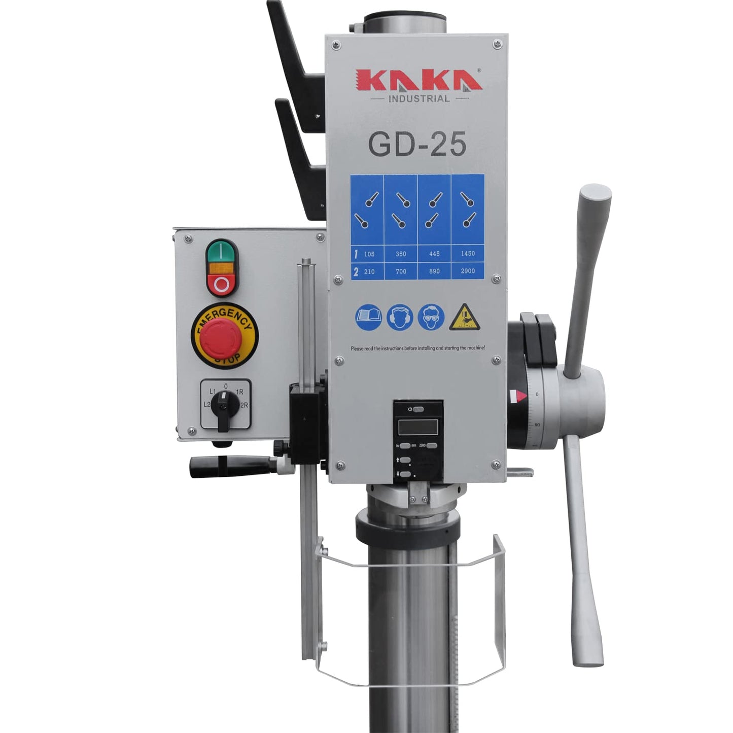 KAKA INDUSTRIAL Floor Drill Press, 0.9kW 220V 3-Phase Gear Head, 8-Speed (130-3200 RPM), Cast Iron Benchtop, 25mm GD-25 Steel Drilling and Milling, MT3 Taper, DRO Depth Control