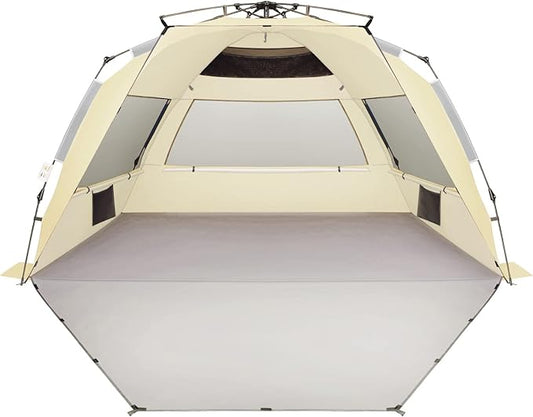 Oileus XX-Large Pop Up Beach Tent Sun Shelter for 5-6 Person Portable Sun Shade Instant Tent for Beach with Carrying Bag, Stakes, 6 Sand Pockets, Anti UV for Fishing Hiking Camping Khaki