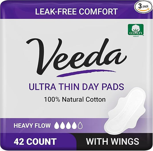 Veeda Natural Cotton Day Pads for Women - Heavy Flow Absorbent Ultra-Thin Feminine Pads with Wings - Hypoallergenic Period pads - Unscented & Chlorine free Sanitary Napkins - 42 Count