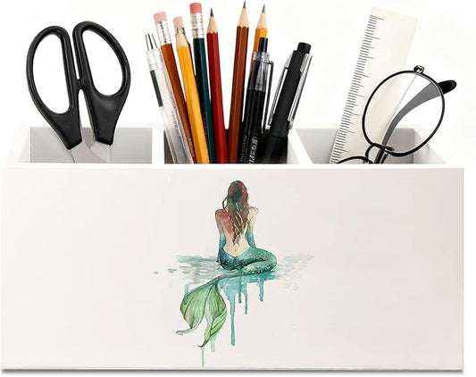 Coastal Beach Mermaid Wooden Utensils Holder, Coastal Kitchen Decor, Watercolor Green Mermaid Wood Cooking Utensil Holder Organizer for Kitchen Countertop Counter Decor