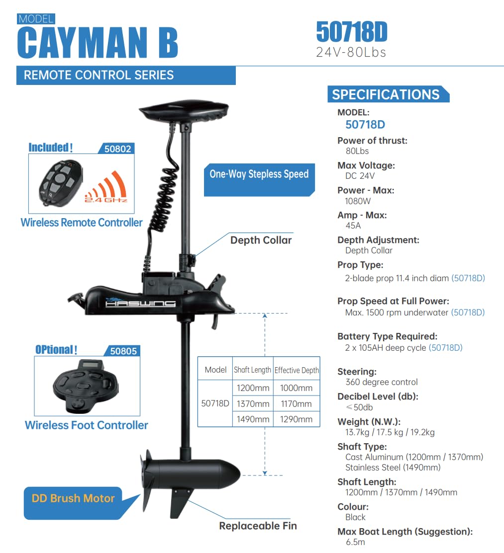 MTLAKEMOTOR HASWING Electric Trolling Motor – 24V 80LB 48 Inch Shaft Cayman Bow Mount Boat Fishing Saltwater Freshwater with Remote Control