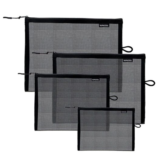 SUPACOOL Set of 4 Travel Mesh Makeup Bag, Cosmetic Organizer Pouches with Zipper, Diaper Organizing Pouches, Nylon Toiletries Bag for Women and Men(4pcs, Black)