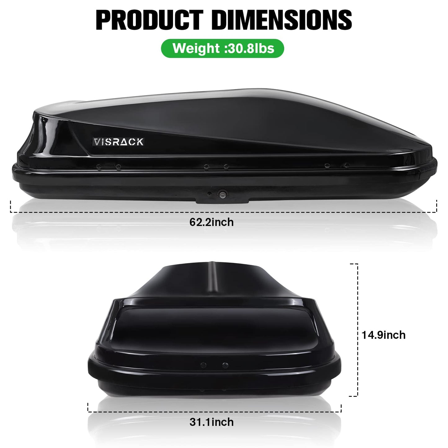 Rooftop Cargo Carrier Box, Large Hard Shell Roof with Security Keys, Waterproof Rooftop Cargo Box, 62 (L) x 31 (W) x 15(H) Inches, 14 Cubic Feet, Black (Tool-Free Install)