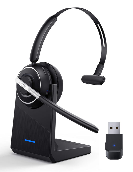 Bluetooth Headset, Wireless Headset with Microphone for PC, V5.2 Computer Headset with Noise Cancelling Mic, USB Dongle, Charging Base & Mute Button for Work, Cell Phones, Computer (Black)