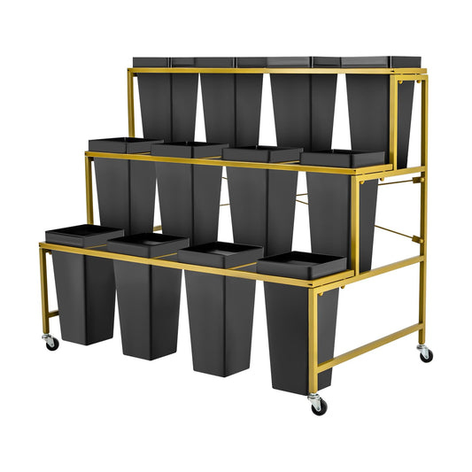 Nozue Flower Display Stand, with 12pcs Buckets, 3 Layers Metal Plant Stand with Wheels, Heavy Duty Detachable Plant Moving Cart Frame for Indoor, Living Room, Florist (Type-002)
