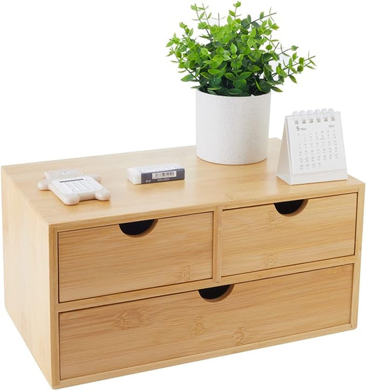 Charmewooden Bamboo Desk Organizer With Drawers Countertop Drawers Counter Storage Box Corner Desk Organizer for Home Office No Assembly Required (3 Drawers)