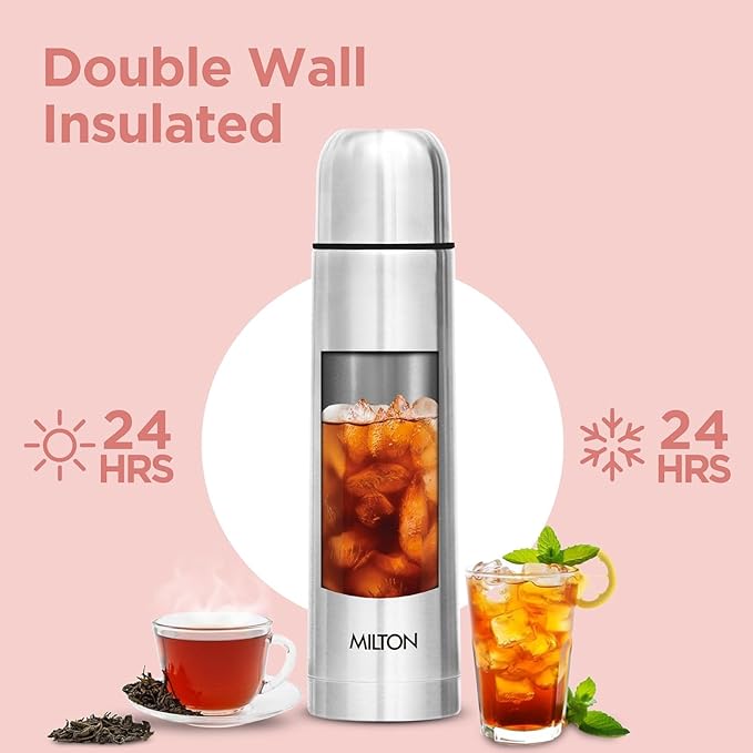 Milton Thermosteel Flip Lid 500, Double Walled Vacuum Insulated Thermos 500 ml | 16 oz | 24 Hours Hot and Cold Water Bottle with Cover, Stainless Steel, BPA Free, Leak Proof | Silver