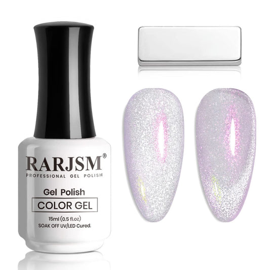 RARJSM Aurora Cat Eye Gel Nail Polish Purple Pink Velvet Silver Glitter Universal Galaxy Shimmer Star Effect Gel Polish with Magnet Stick Single Bottle UV LED Curing Require Soak Off Home Salon