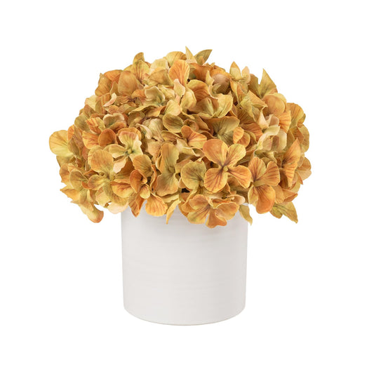Hydrangea Fake Flowers in Vase, Artificial Flowers with Ceramic Vase Small Faux Potted Floral Arrangements for Bathroom Home Desk Kitchen Counter Vanity Shelf Coffee Table Centerpiece Decor (Orange)