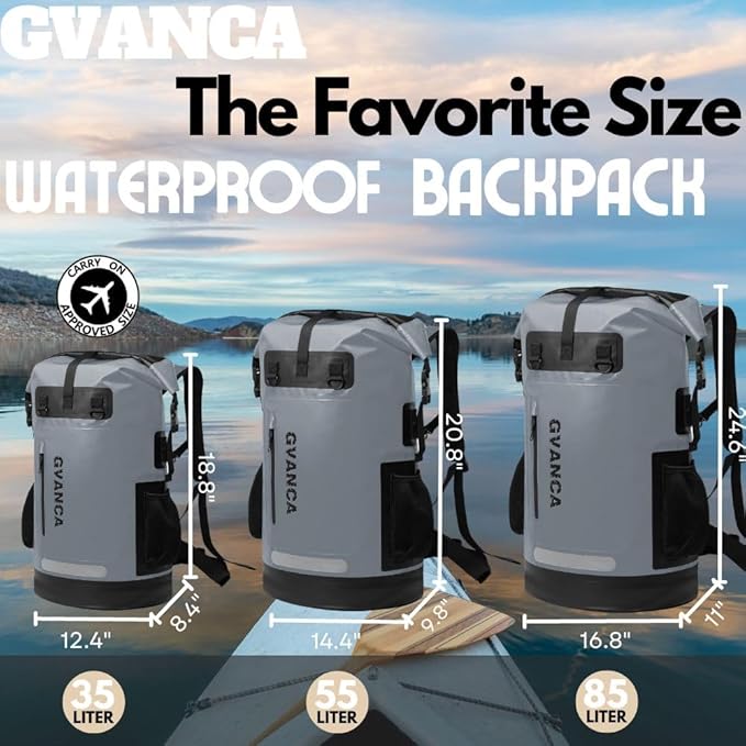 Waterproof Dry Bag Backpack for Kayaking, Roll Top Kayak Dry Backpack, Floating Outdoor Dry Sack Boating Sailing Canoeing Rafting Fishing Camping 85L Grey