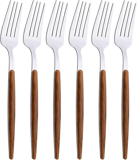 6-Piece Dinner Forks Set, Stainless Steel Forks With Round Wooden Effect Handle, Forks Silverware Set for Home Kitchen Restaurant Hotel, 8.27inches, Mirror Finish & Dishwasher Safe