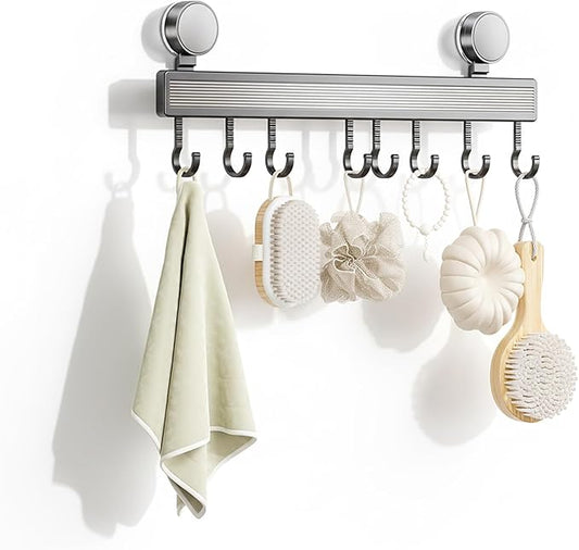 8 Hooks Aluminum Kitchen Rack, No Drilling Wall Mount, Strong Adjustable Suction Cup Hooks for Organizing Kitchen Utensils, Spatulas, Mugs, and Cutlery (Grey, 40cm)