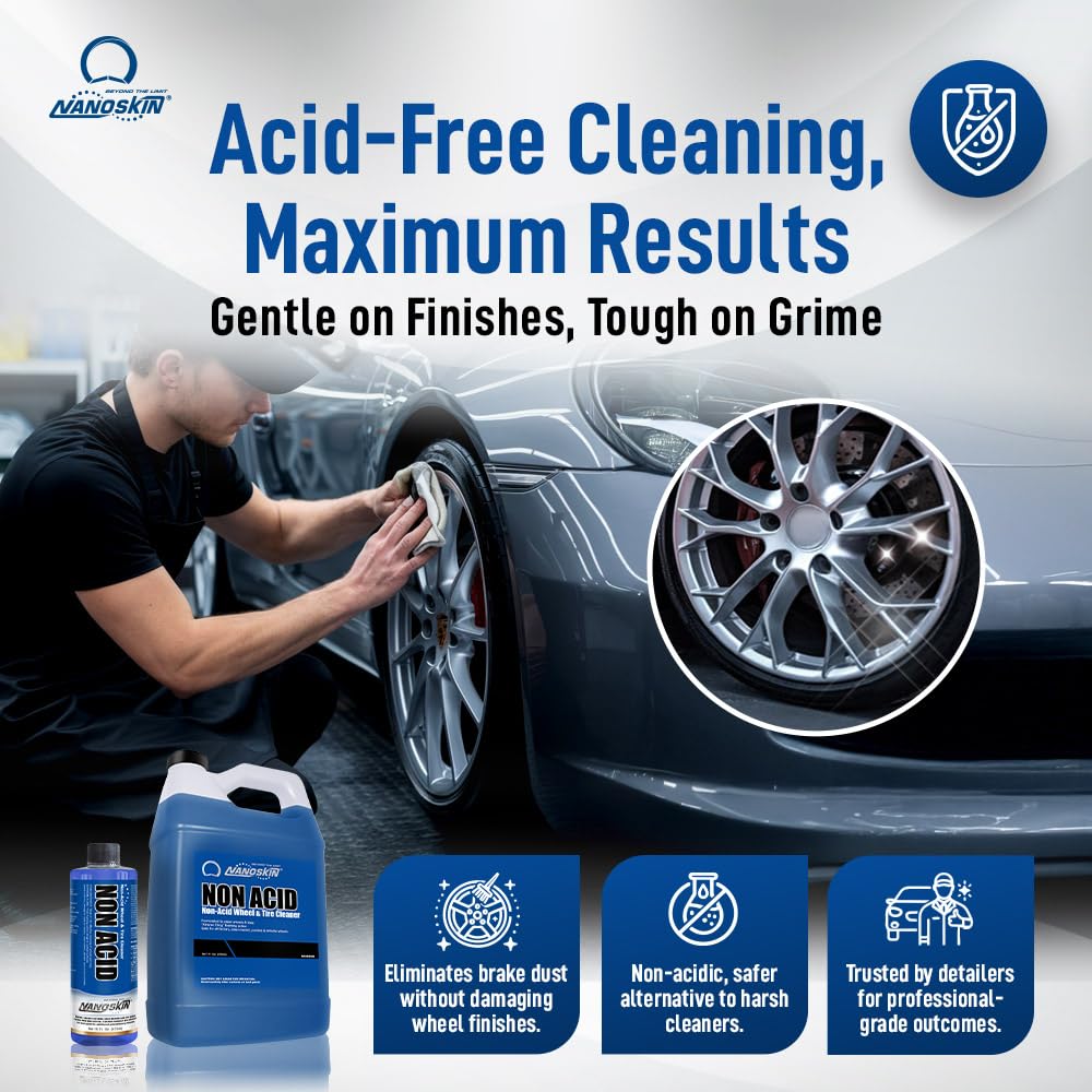 Nanoskin NON ACID Professional Wheel & Tire Cleaner 30 Gallons – Works with Wheel Brush & Tire Brush | Car Wash Wheel Cleaning Spray for Car Detailing | Removes Brake Dust, Oil, Dirt, Light Corrosion