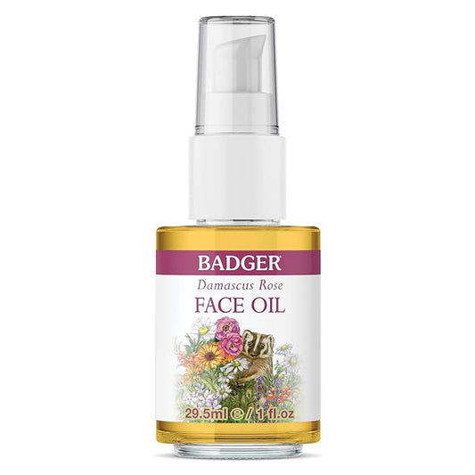 Badger Rose Face Oil, 100% Organic Face Moisturizer, Nourishing & Soothing Organic Jojoba Oil & Rose Oil, Vegan Antioxidant Rich Moisturizing Facial Oil, 1 fl oz Glass Bottle