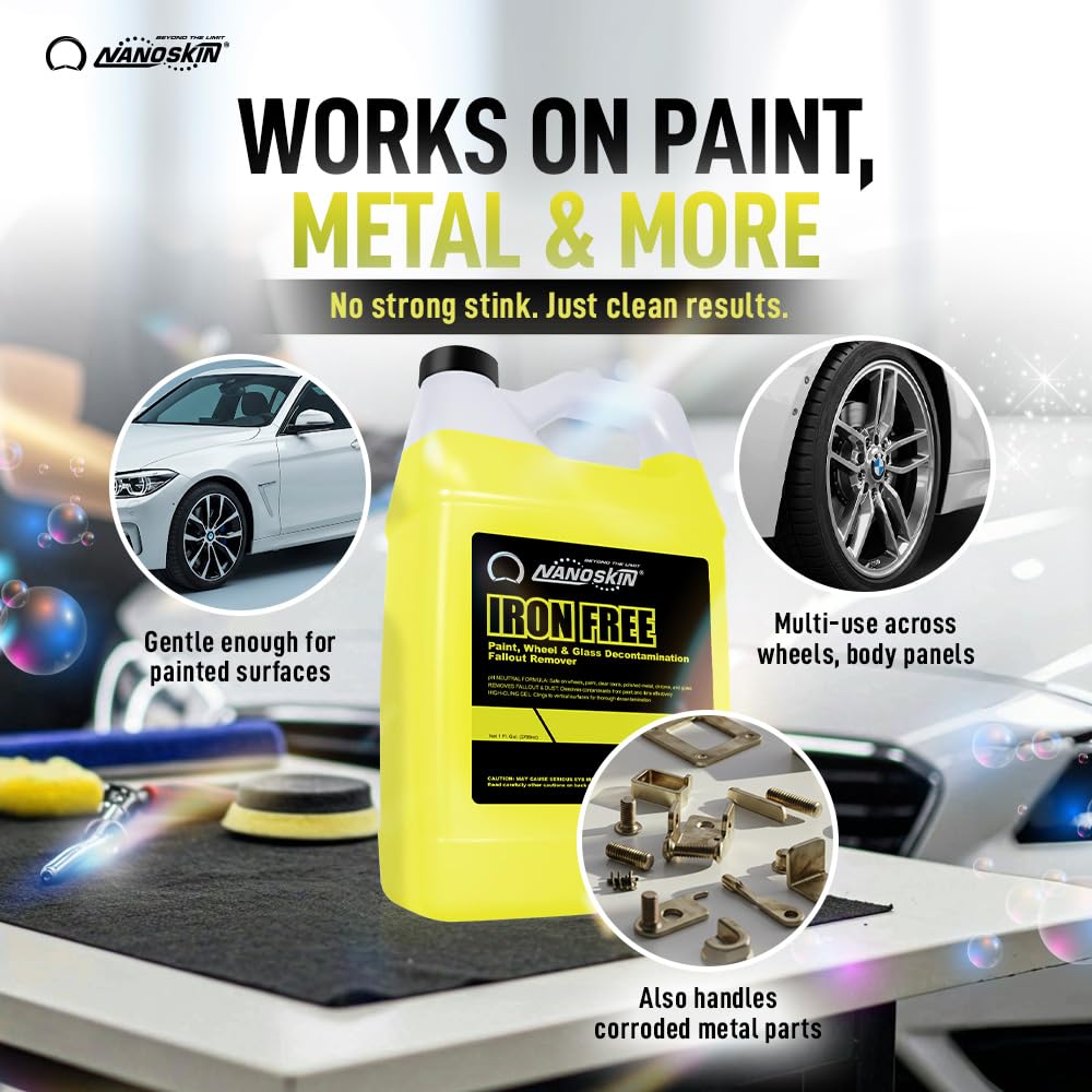 Nanoskin IRON FREE Paint, Wheel and Glass Decontamination Fall Out Remover 55 Gallons - Removes Iron Particles in Car Paint, Motorcycle, RV & Boat | Use before Clay, Wax or Car Wash for Car Detailing