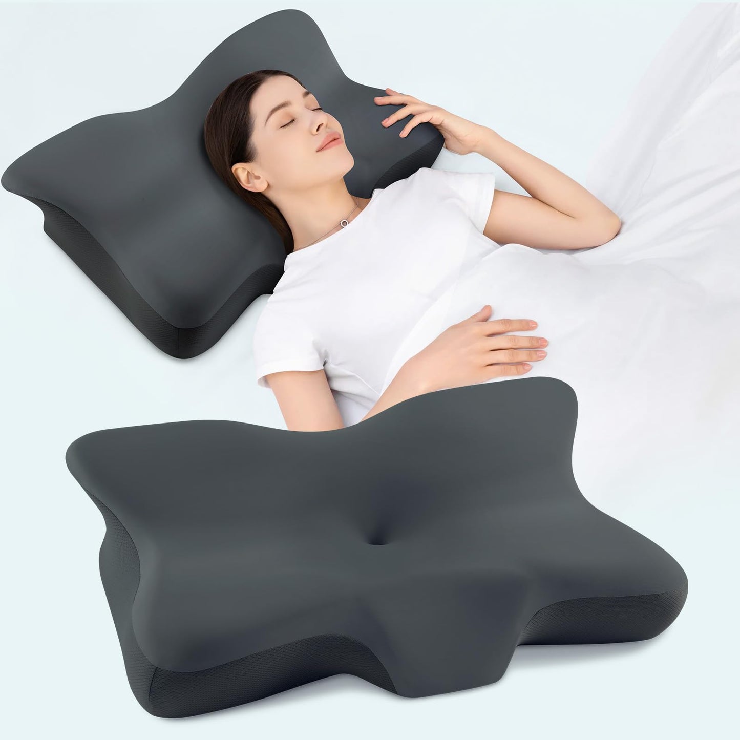 Cervical Neck Pillow, Ergonomic Memory Foam Cervical Pillows, Contour Side Sleeper Pillows for Adults, Orthopedic Neck Support Pillow for Back Stomach Sleeper with Removable Pillowcase (Dark Grey)