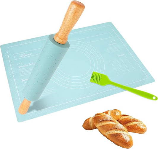 3Pcs Silicone Rolling Pin for Baking Sets,15Inch Pastry Dough Roller with Wooden Handle Silicone Mat and Brush, Non Stick Surface Rolling Pins for Dough Cookie Baking Kitchen Accessories(Green)