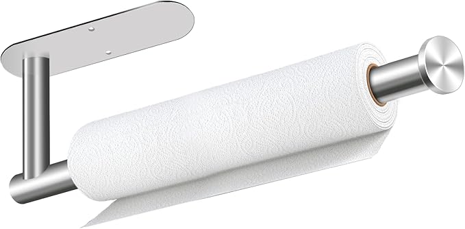 Paper Towel Holder, Self Adhesive or Drilling Paper Towel Holder Under Cabinet, Stainless Steel Silver Paper Towel Holders Wall Mount for Kitchen, Bathroom, Sink, Pantry, Fridge