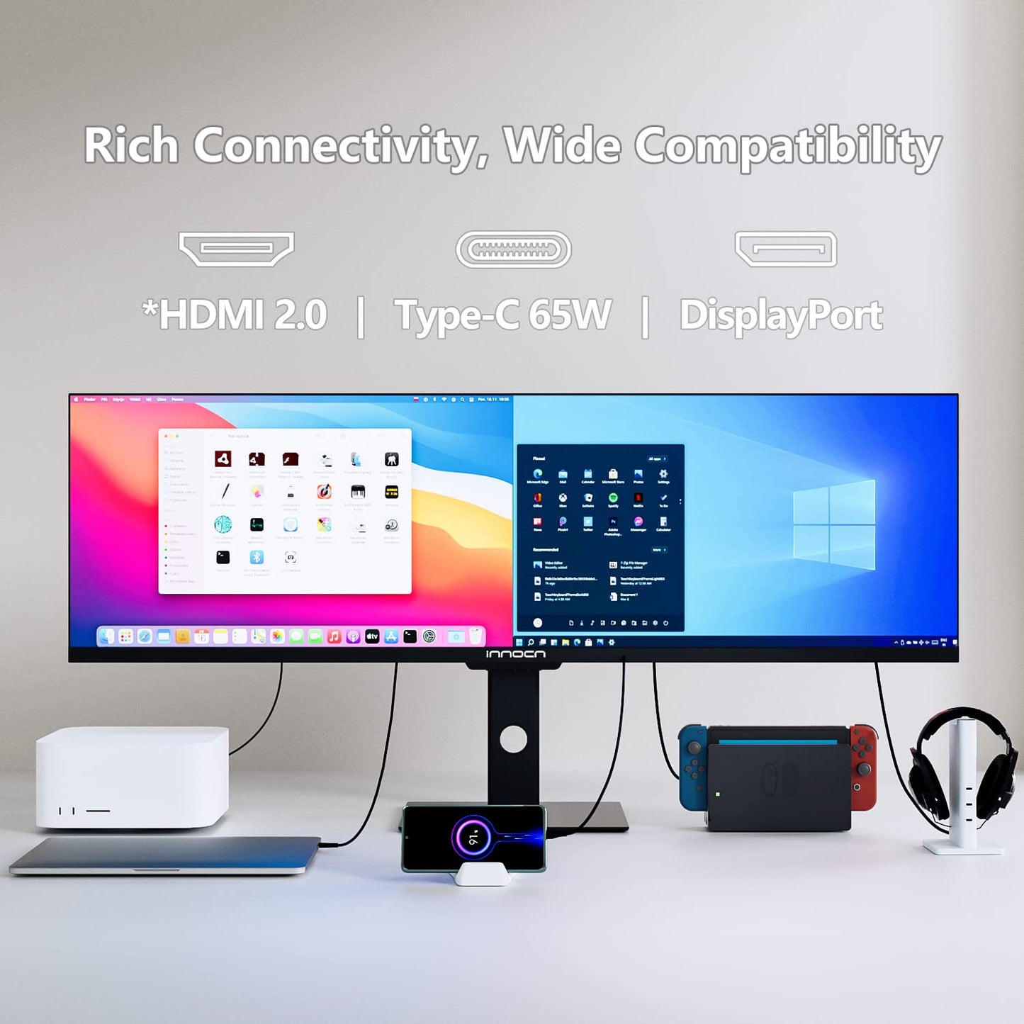 INNOCN Ultrawide Monitor 43.8" WFHD 3840 x 1080p 120Hz 32:9 IPS Computer Split Screen 96% DCI-P3 HDR400 FreeSync Premium USB Type-C HDMI Height Adjustable Mountable - 44C1G