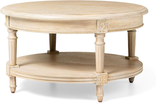 Maven Lane Pullman Large Curved 2 Tier Traditional Round Circle Wooden Center Coffee Table with Shelf Storage in Rustic Antiqued White Finish