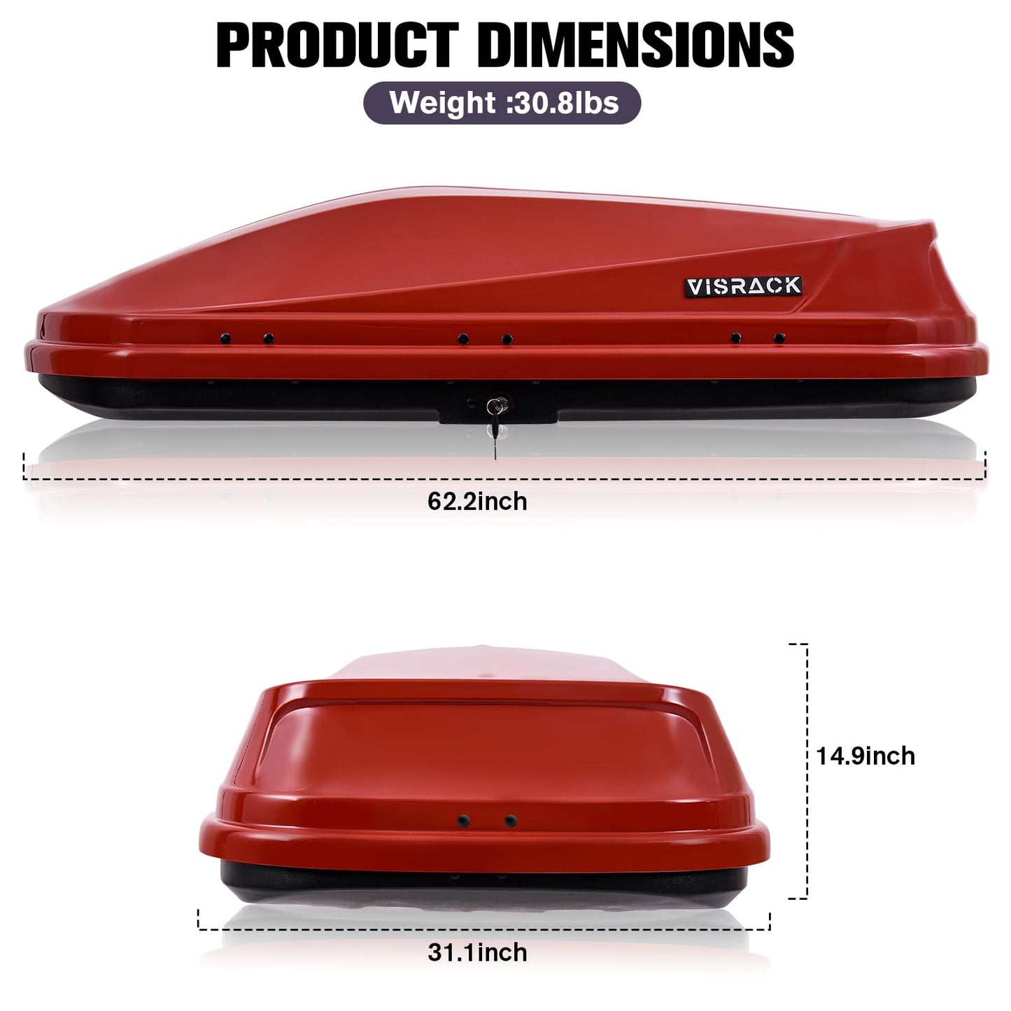 Potowo Rooftop Cargo Carrier Box, Large Hard Shell Roof Rack Cargo Carrier with Security Keys, Waterproof Rooftop Cargo Box, 62 (L) x 31 (W) x 15(H) Inches, 14 Cubic Feet (Red)