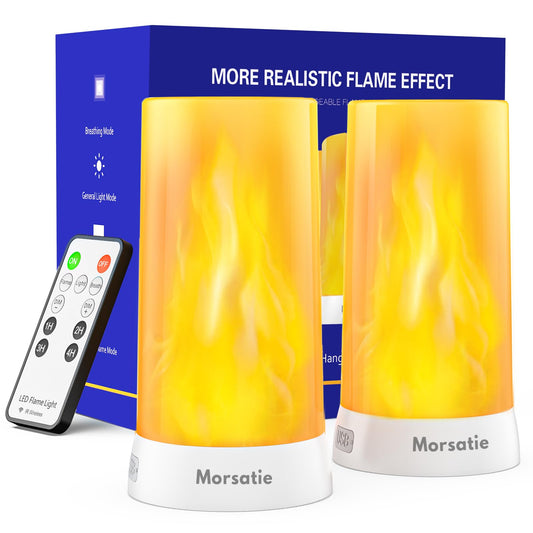 Morsatie Upgraded LED Flame Light, Rechargeable Flameless Candles with Remote & Timer, 4 Modes Battery Operated Candles, Waterproof LED Candles with Upside Down Effect for Indoor Outdoor 2 PCS