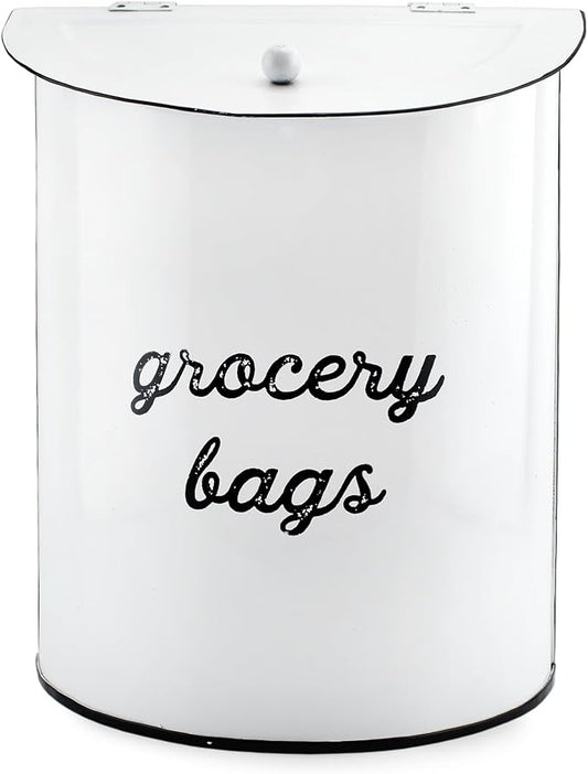AuldHome Design Rustic Grocery Bag Holder; Wall-Mounted Vintage Enamelware Farmhouse Style Plastic Bag Dispenser for Kitchen or Laundry Room