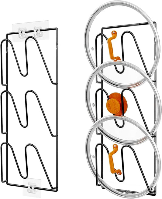 Durmmur 2 Pack Pot Lid Organizer Rack, 6-Tier Pot Lids Holder for Cabinet Door/Wall, No Drilling Adhesive Wall/Door Mounted Rustproof Pot and Pan Cover for Kitchen Storage, Classic Black