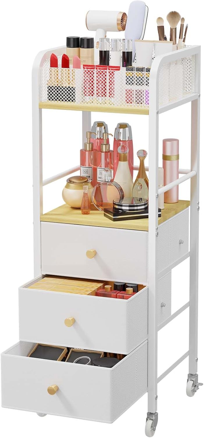 HapiRm Rolling Makeup Cart Organizer - Floor Skincare Make Up Storage with 3 Drawers, Vanity Organizer Cosmetic Display Cases Holder for Skin Care Perfume Nail Polish Brush Hair Tool