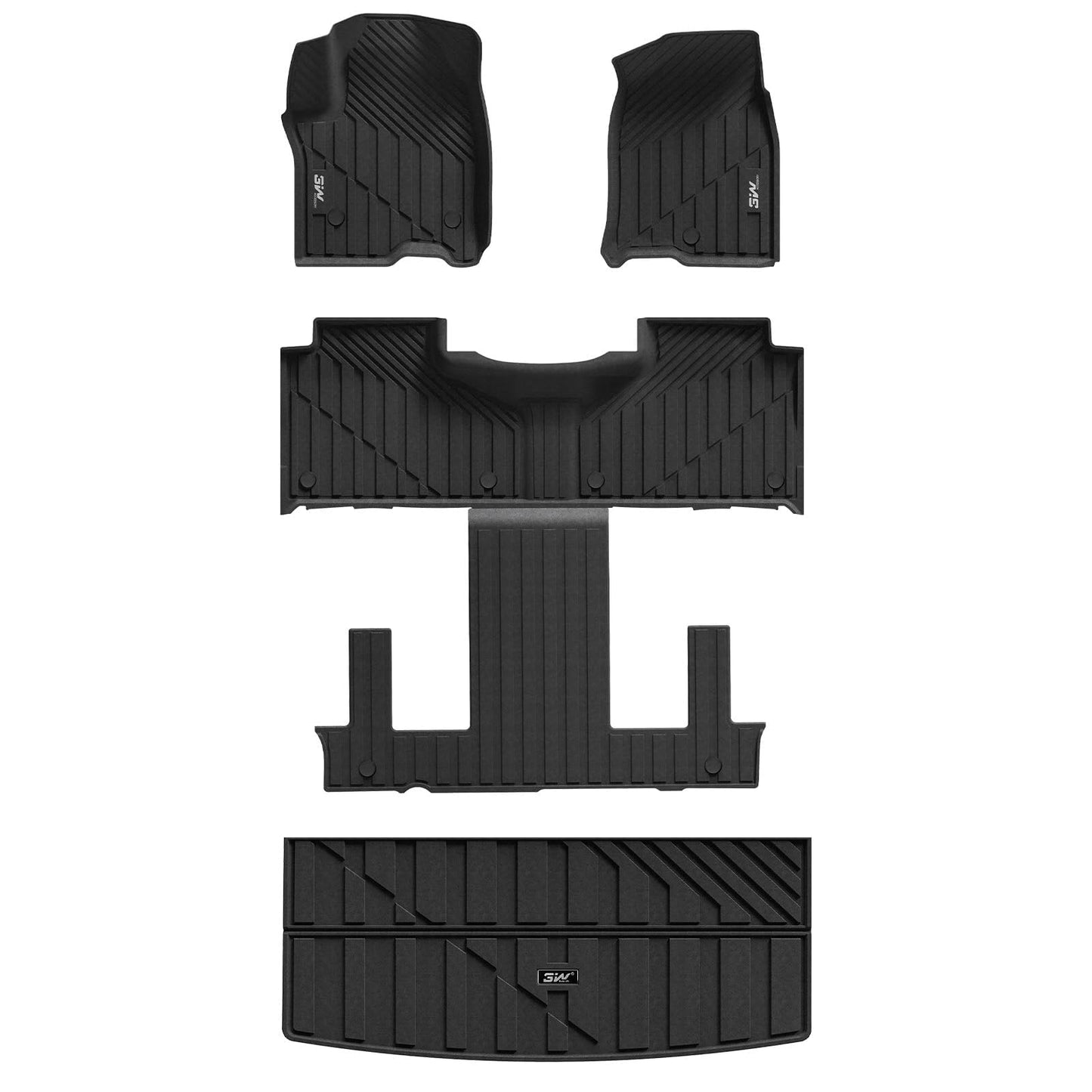 3W Floor Mats & Cargo Liner Fit for 2021 2022 2023 2024 2025 Chevy Tahoe/GMC Yukon/Cadillac Escalade 7 Seat, TPE All Weather Custom Fit Car Accessories Heavy Duty Rubber Full Set Trunk Mats