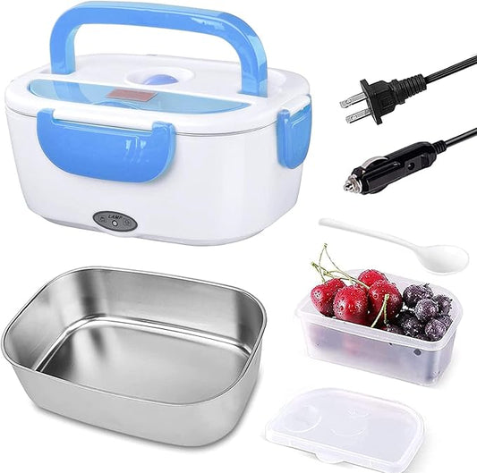 Electric Lunch Box 2 In 1 Food Heater 12V 24V 110V Portable Food Warmer for Car and Home Removable Stainless Steel Heated Bento Box (Blue)