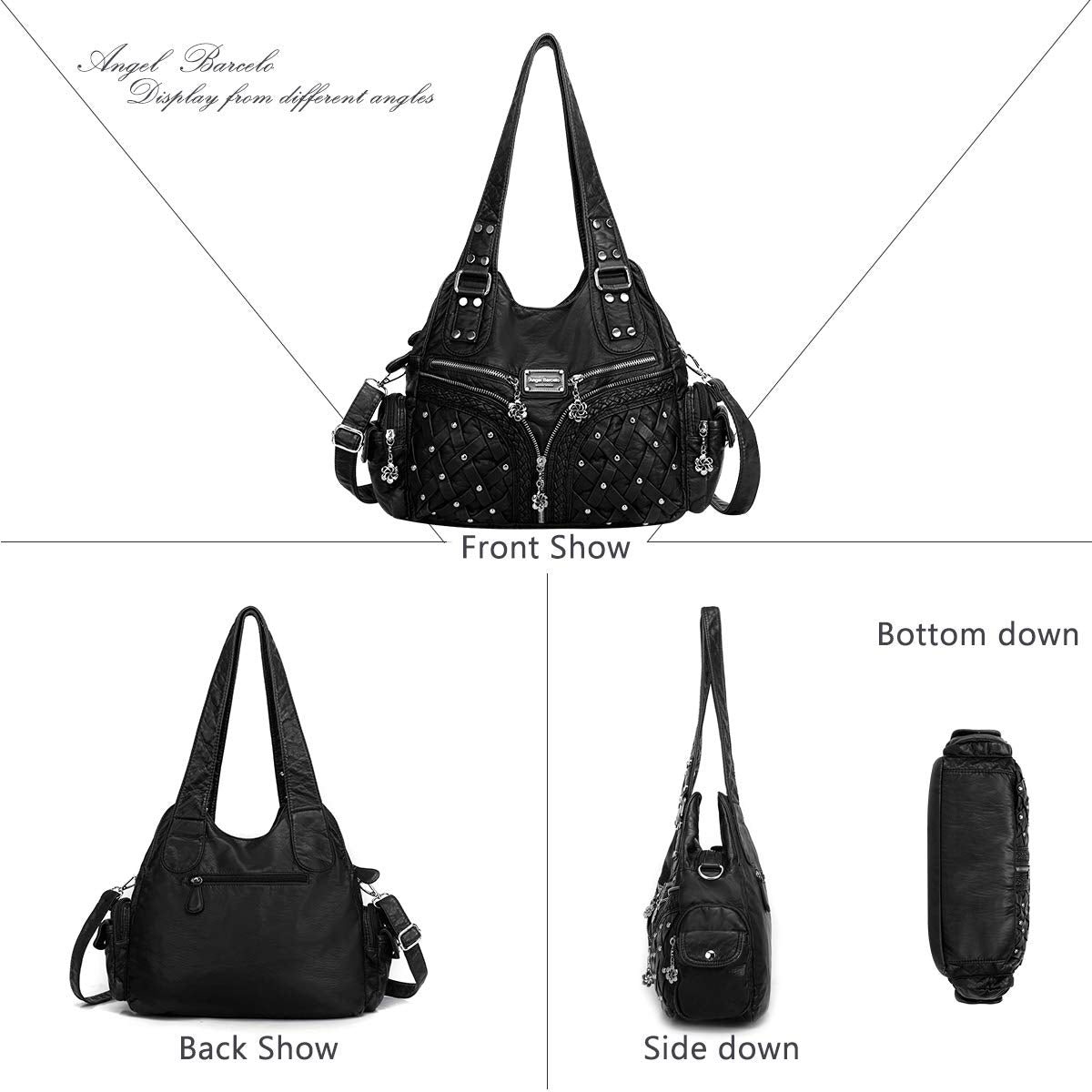 Angel Barcelo Roomy Fashion Hobo Womens Handbags Ladies Purse Satchel Shoulder Bags Tote Washed Leather Bag Black