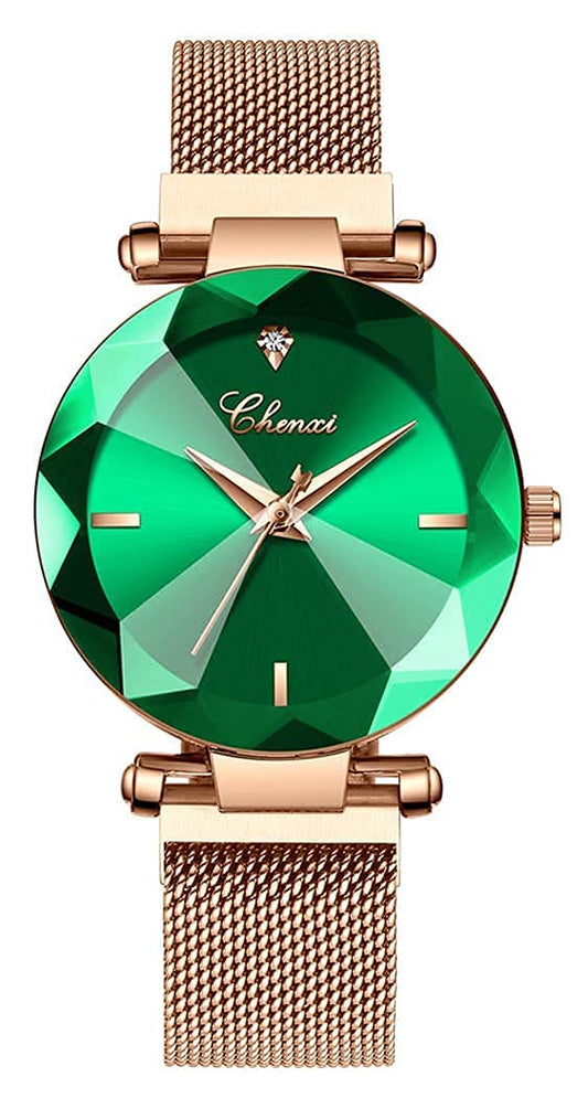 SENRUD Women's Watches Fashion Shine Crystal Cutting Mirror Wrist Watch Rose Gold Stainless Steel Mesh Band Waterproof Analog Quartz Watches (A Green)