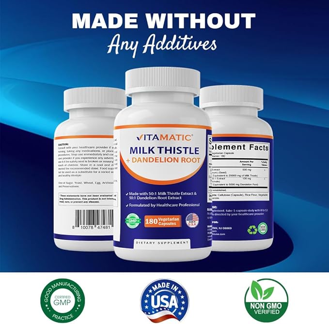 Vitamatic Milk Thistle 50:1 Extract 500mg, Dandelion Root 50:1 Extract 100mg, 180 Vegetarian Capsules, Non-GMO, Gluten Free