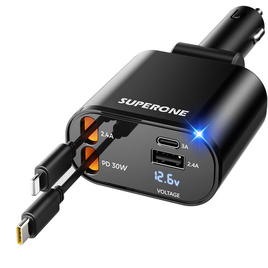 【Upgraded】 SUPERONE Retractable Car Charger 4 in 1, Fast Car Phone Charger with Cord 2.6ft, USB C and Apple Car Adapter, Compatible with iPhone 16 15/15 Pro Max/14/13/12/11, Galaxy, Pixel