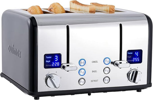 CUSIMAX 4 Slice Toaster, Ultra-Clear LED Display & Extra Wide Slots, Stainless Steel Toaster with Dual Control Panels of 6 Shade Settings, Cancel/Bagel/Defrost Function, Removable Crumb Trays, Black