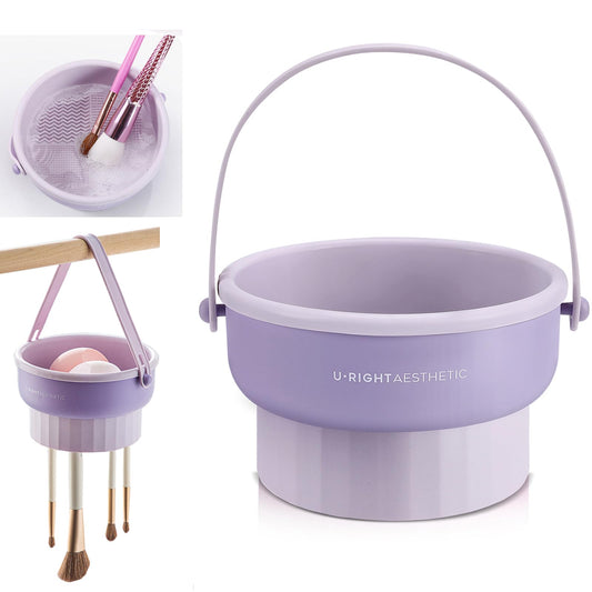 UPTOZOBLY 3 in 1 Brush Cleaning Mat with Brush Drying Holder, Silicone Makeup Brush Cleaner Mat Make Up Brush Cleaning Bowl Cosmetic Brush Washing Tool for Makeup Brush, Sponge, Powder Puff (Purple)